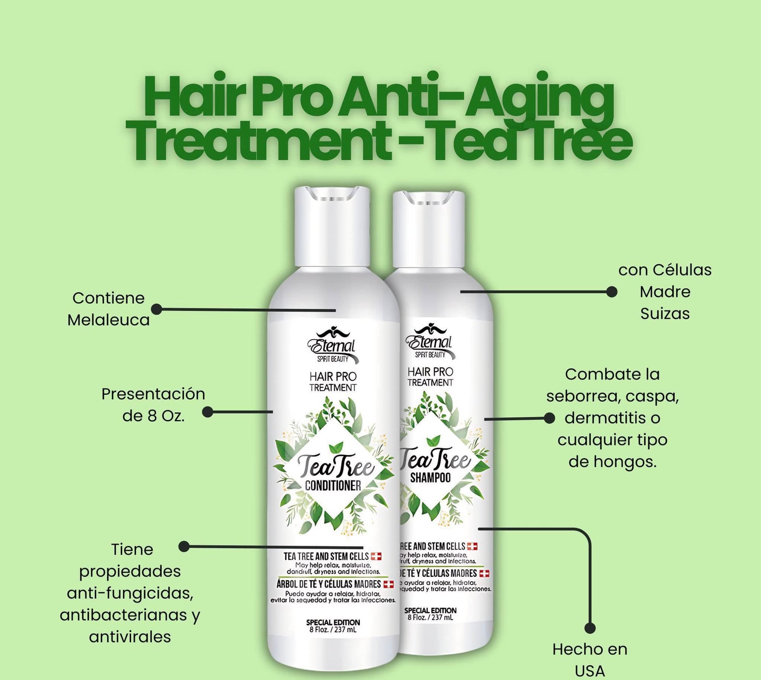 HAIR PRO ANTI-AGING TEA TREE SHAMPOO & CONDITIONER SET BY ETERNAL - 8floz per bottle