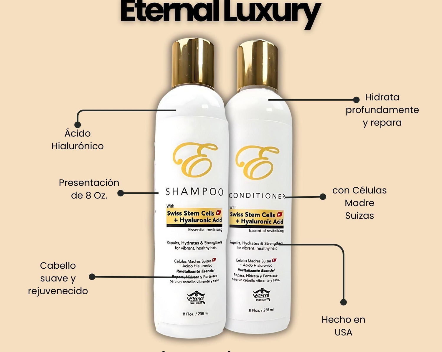 Eternal Luxury Shampoo & Conditioner Set with Swiss Stem Cells & Hyaluronic Acid - 8floz per bottle